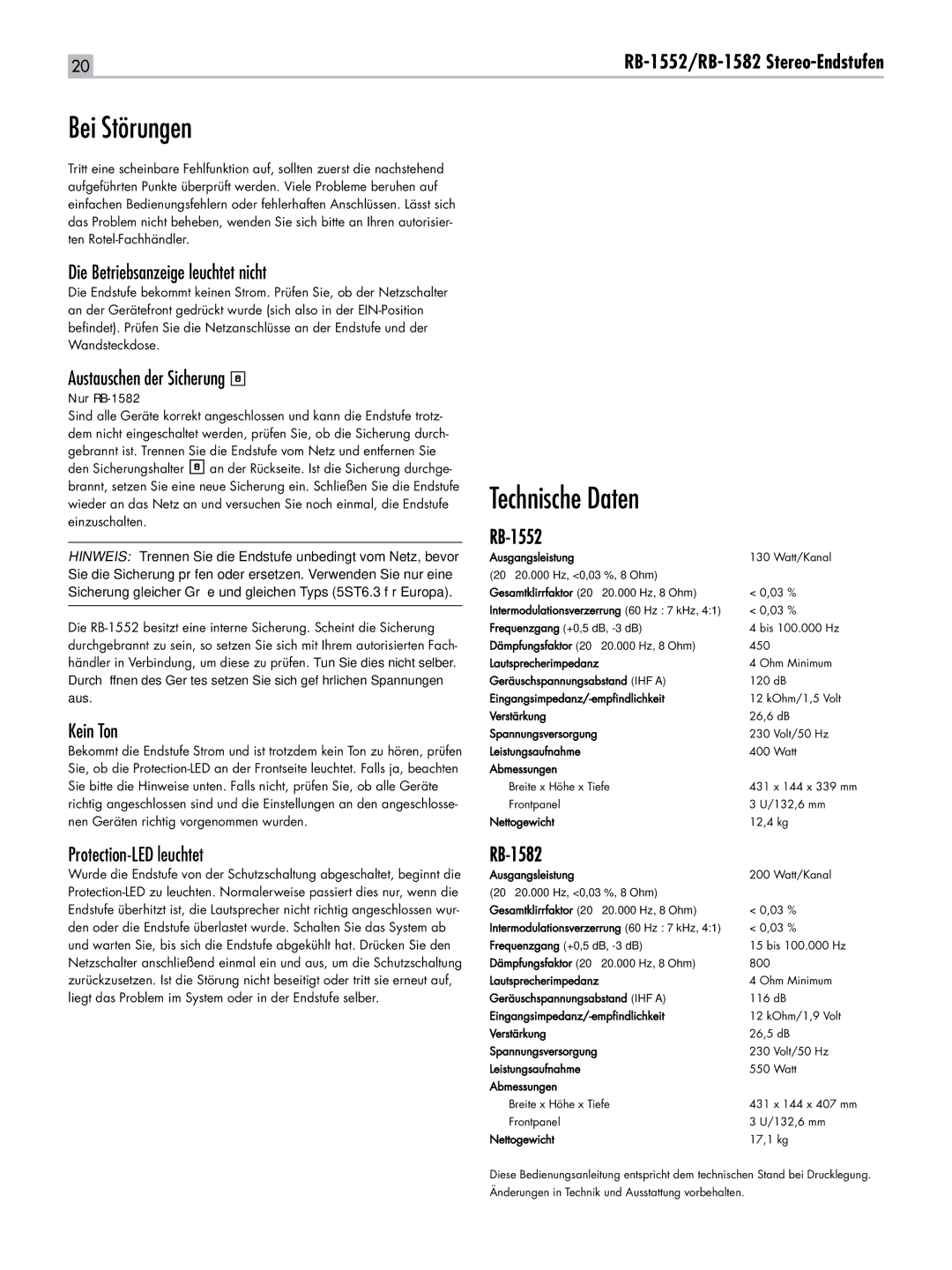 Rotel RB-1552, RB-1582 owner manual Bei Störungen, Technische Daten 