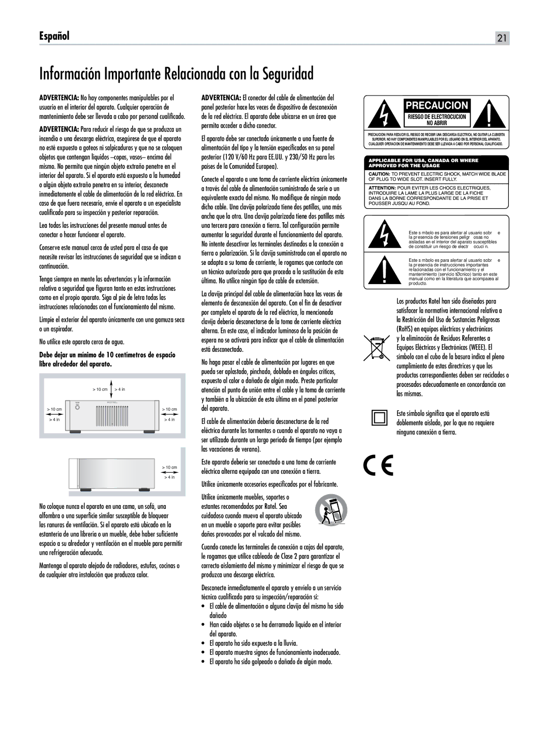 Rotel RB-1582 Información Importante Relacionada con la Seguridad, Precaucion, Utilice únicamente muebles, soportes o 