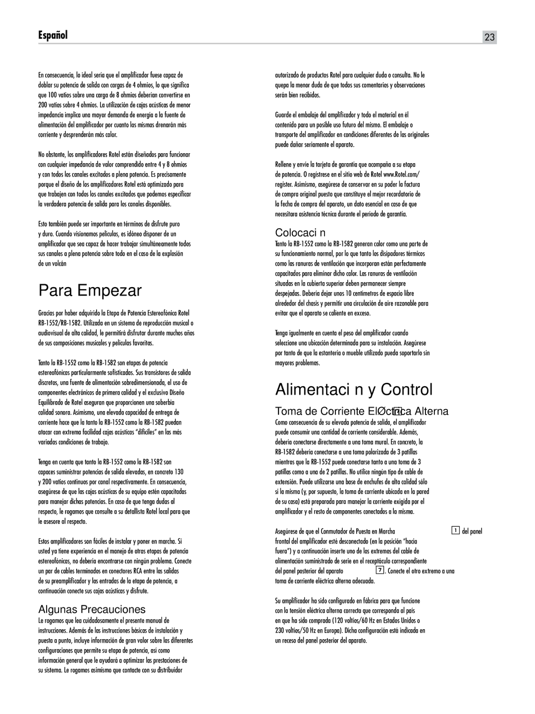 Rotel RB-1582 Para Empezar, Alimentación y Control, Algunas Precauciones, Colocación, Toma de Corriente Eléctrica Alterna 