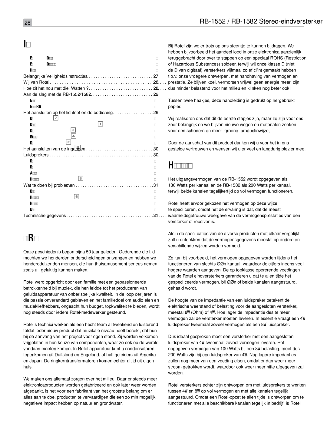 Rotel RB-1552, RB-1582 owner manual Inhoud, Wij van Rotel, Hoe zit het nou met die Watten? 