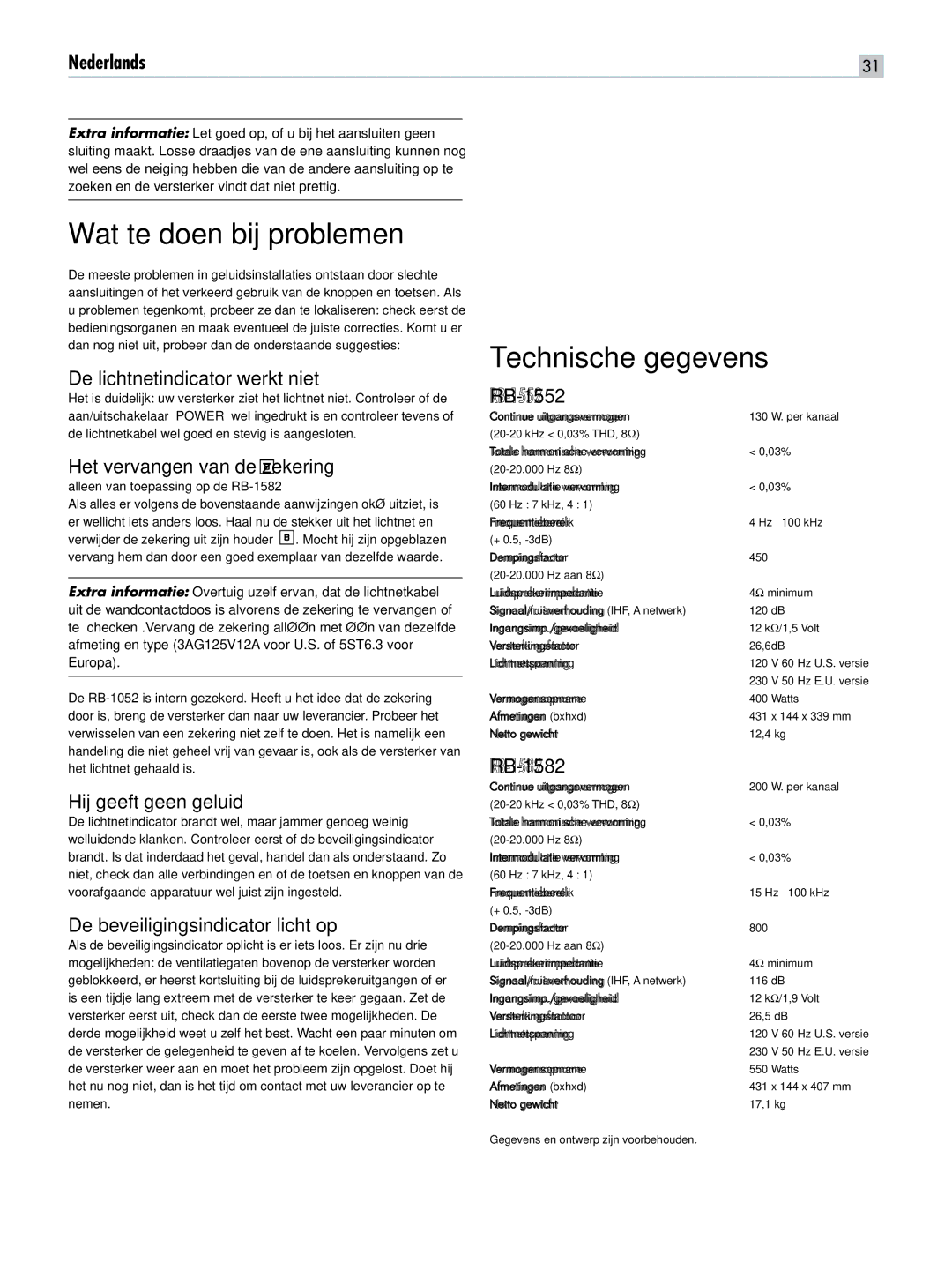 Rotel RB-1582, RB-1552 owner manual Wat te doen bij problemen, Technische gegevens 