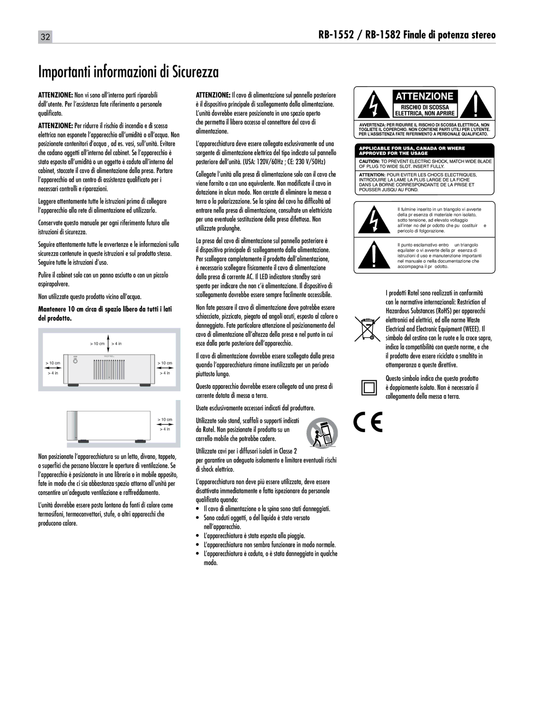 Rotel RB-1552 Importanti informazioni di Sicurezza, Attenzione, Utilizzate solo stand, scaffali o supporti indicati 