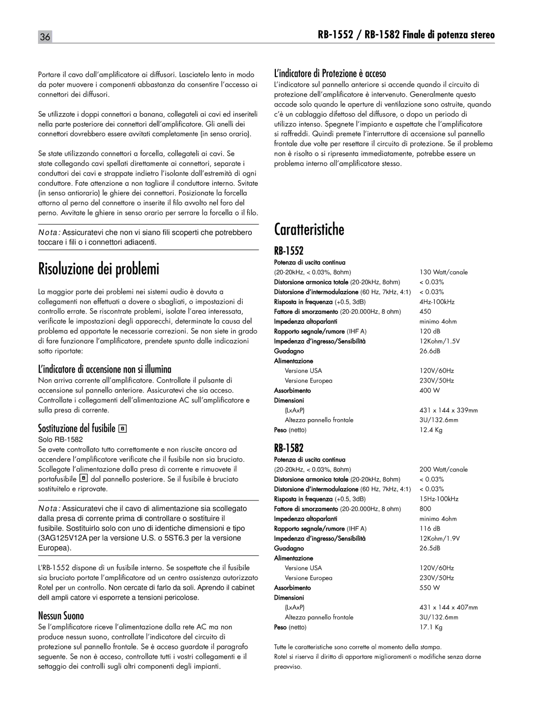 Rotel RB-1552, RB-1582 owner manual Risoluzione dei problemi, Caratteristiche 