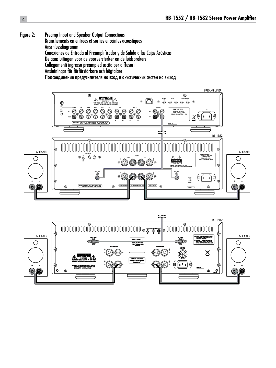 Rotel RB-1552, RB-1582 owner manual Preamplifier Speaker 