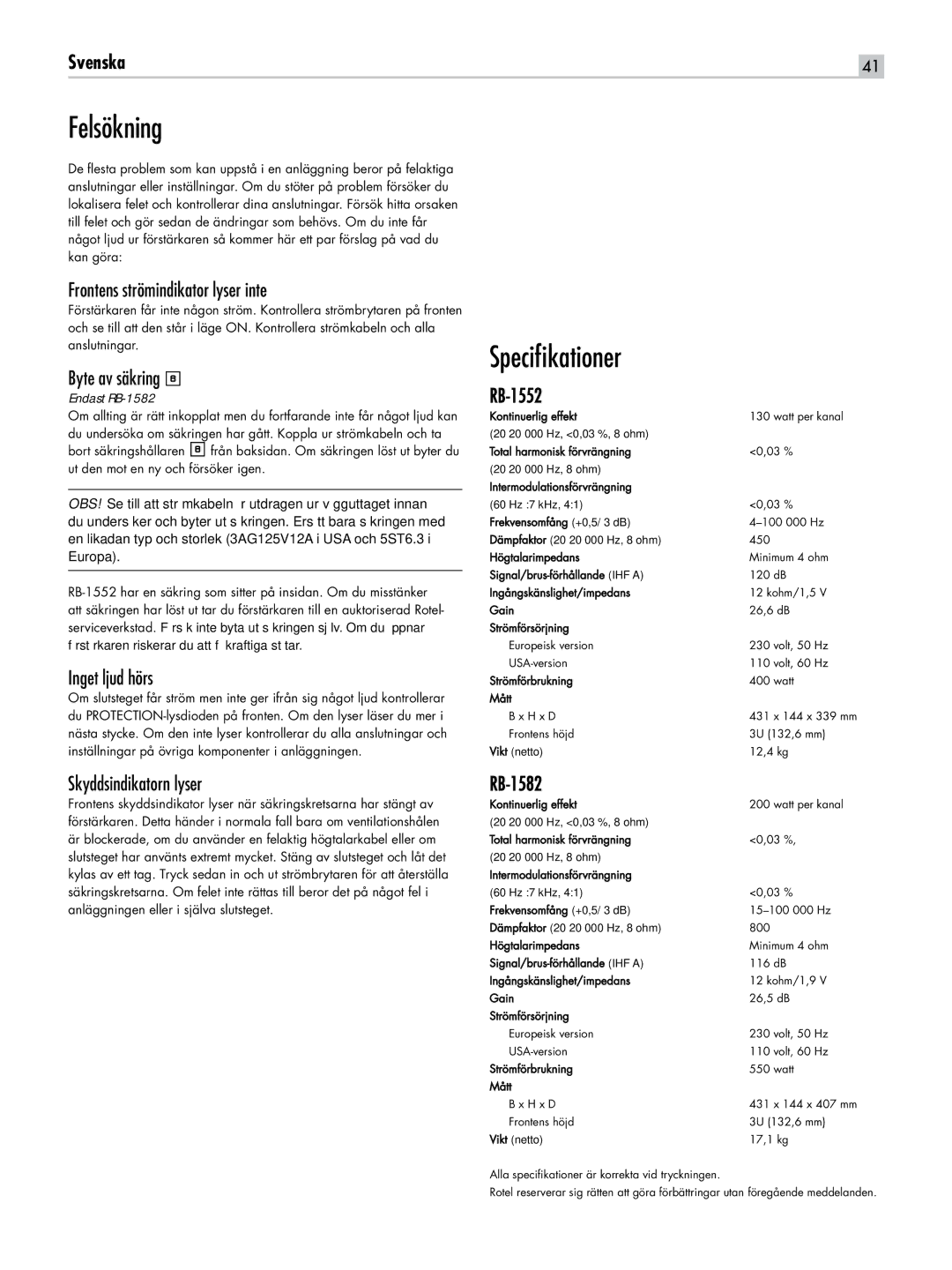 Rotel RB-1582, RB-1552 owner manual Felsökning, Specifikationer 