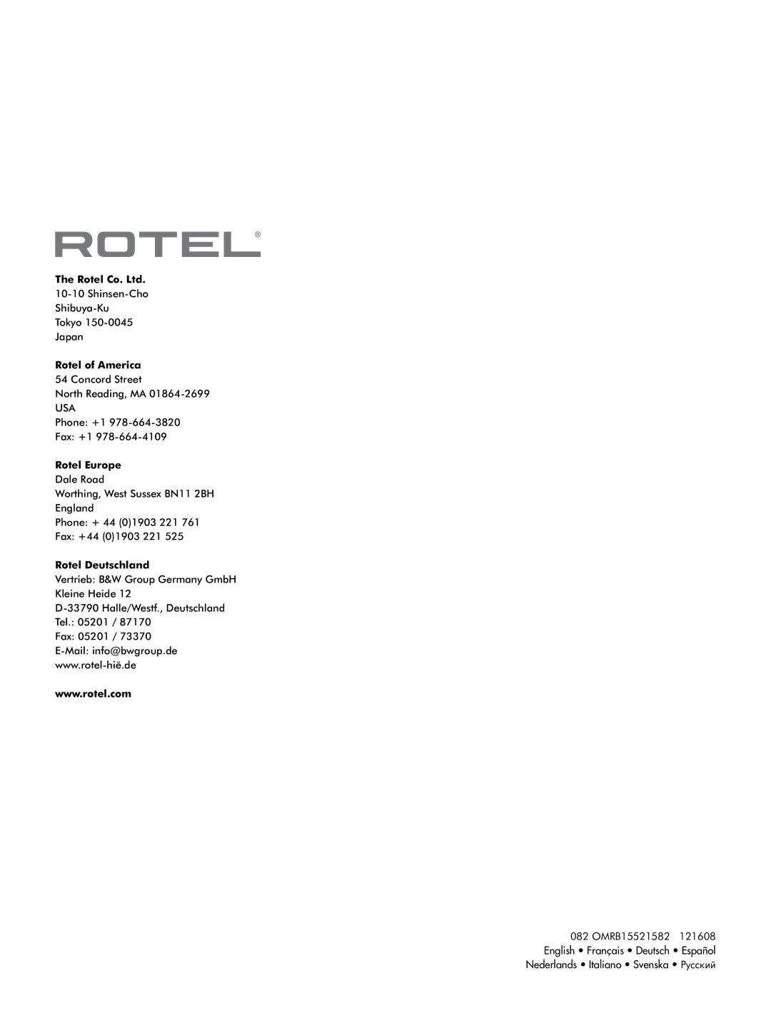 Rotel RB-1552, RB-1582 owner manual Rotel of America, Rotel Europe, Rotel Deutschland 