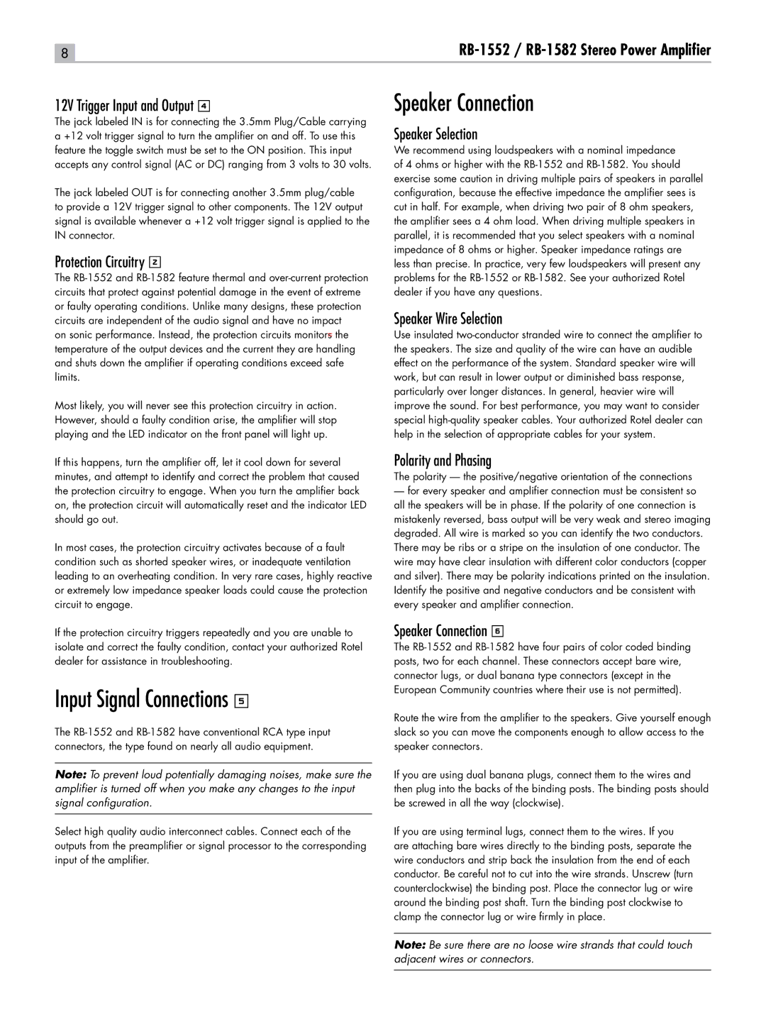 Rotel RB-1552, RB-1582 owner manual Input Signal Connections, Speaker Connection 