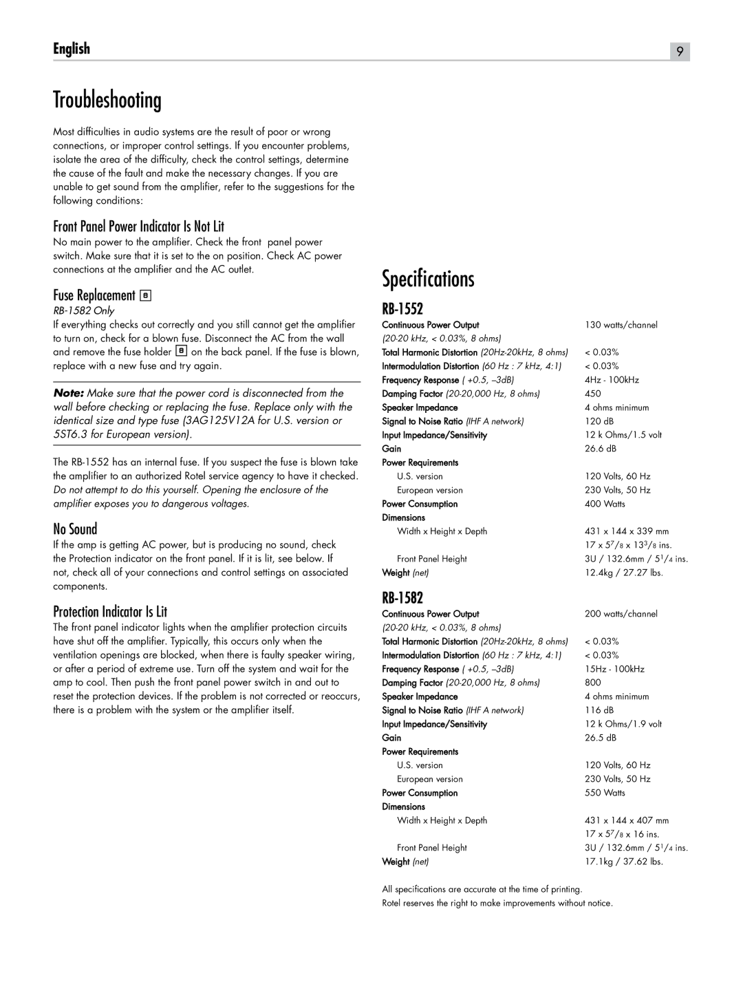 Rotel RB-1582, RB-1552 owner manual Troubleshooting, Specifications 