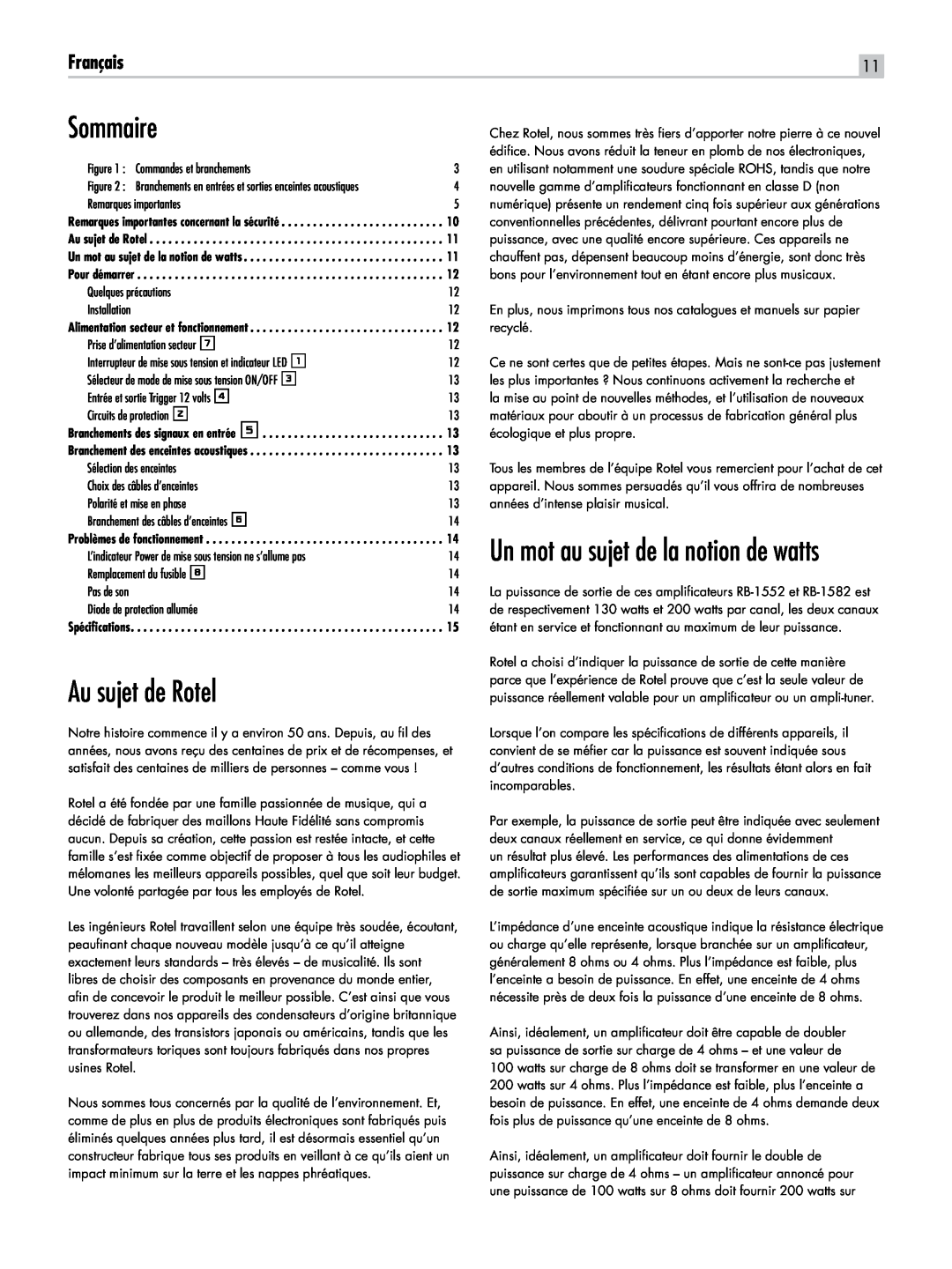 Rotel RB-1582, RB-1552 owner manual Sommaire, Au sujet de Rotel, Français, Un mot au sujet de la notion de watts 