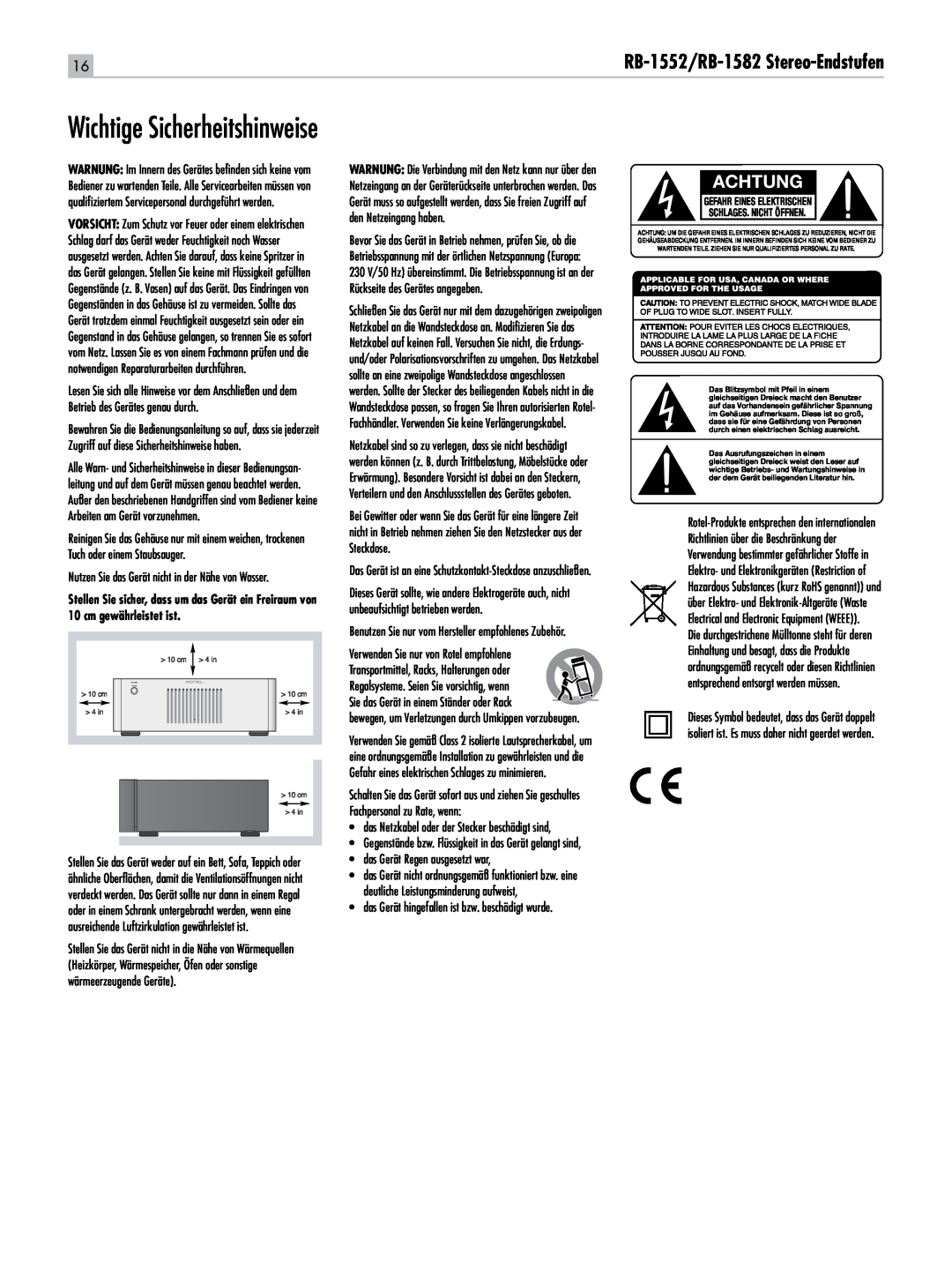 Rotel owner manual Wichtige Sicherheitshinweise, Achtung, RB-1552/RB-1582 Stereo-Endstufen 