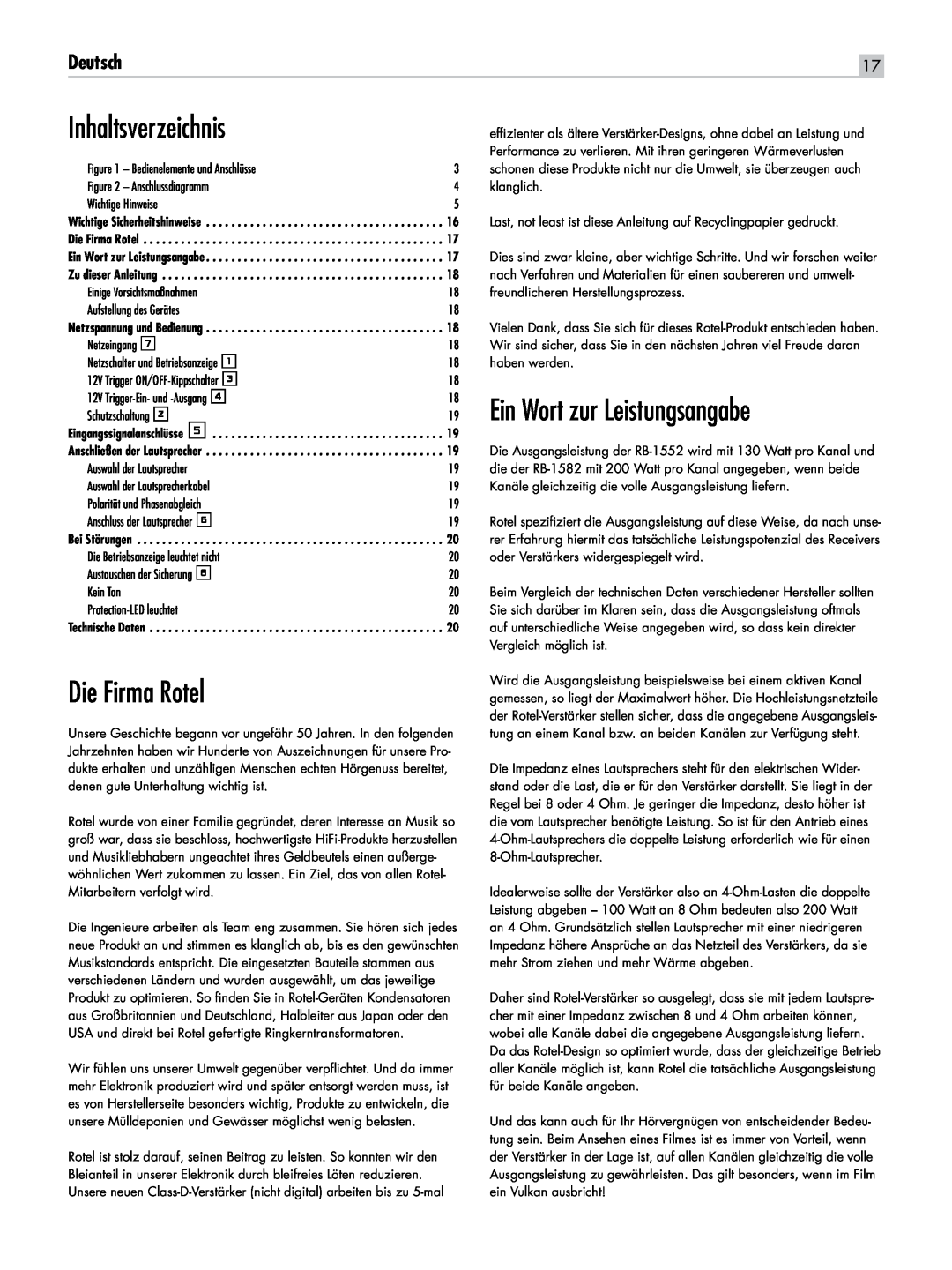 Rotel RB-1582, RB-1552 owner manual Inhaltsverzeichnis, Ein Wort zur Leistungsangabe, Die Firma Rotel, Deutsch 