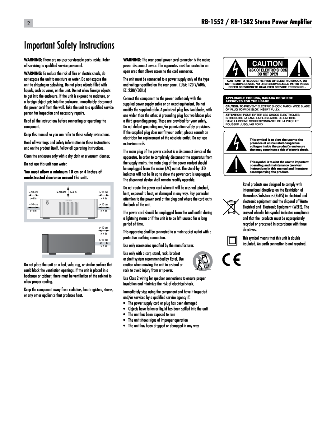 Rotel owner manual Important Safety Instructions, RB-1552 / RB-1582Stereo Power Amplifier 