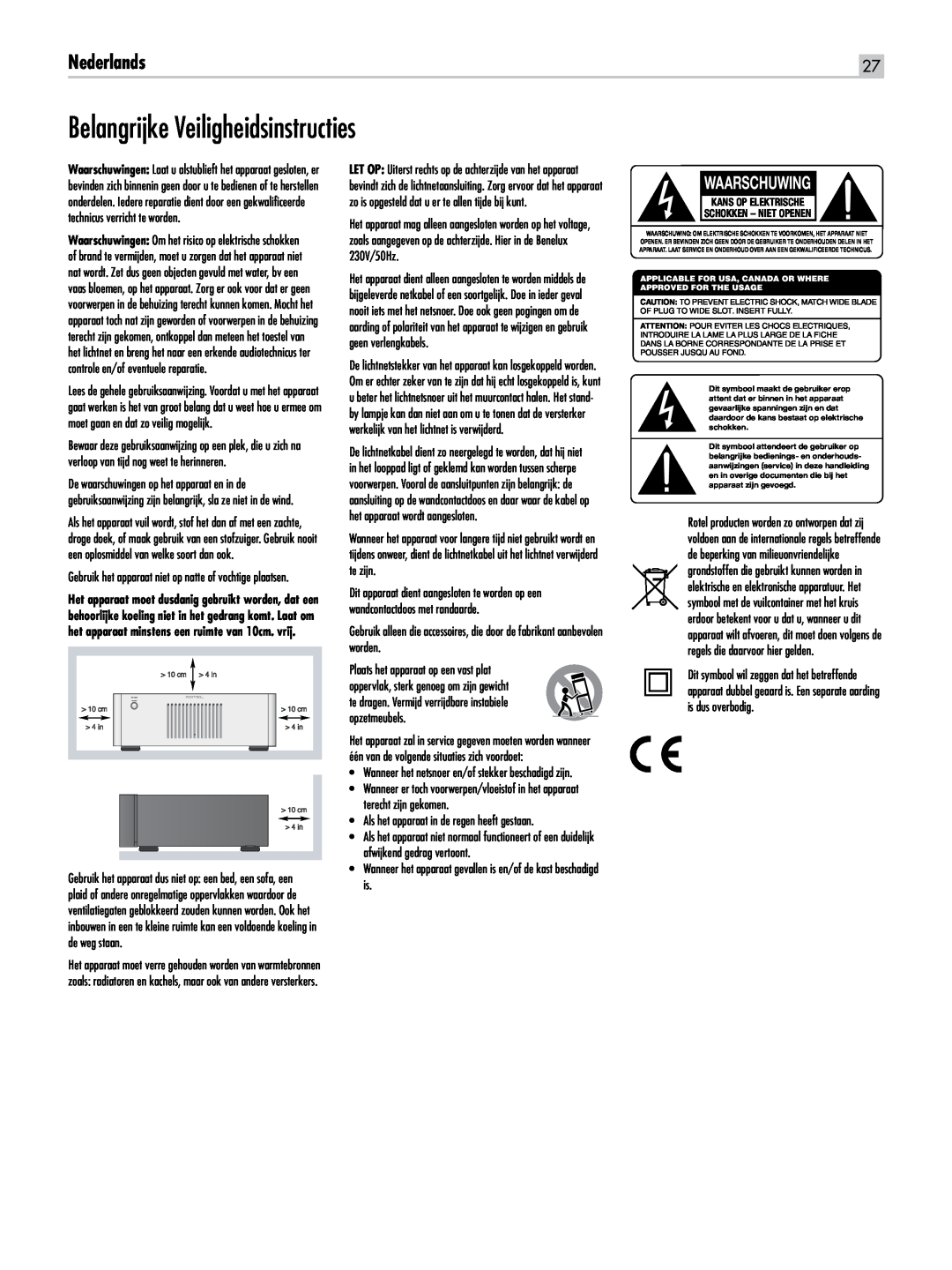 Rotel RB-1582 Belangrijke Veiligheidsinstructies, Nederlands, Waarschuwing, Kans Op Elektrische Schokken - Niet Openen 