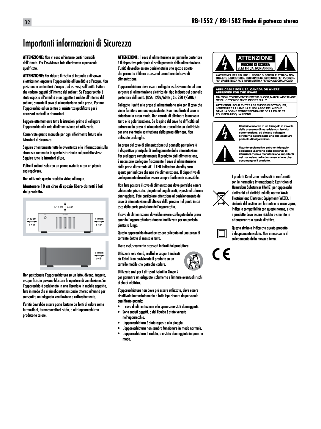 Rotel owner manual Importanti informazioni di Sicurezza, Attenzione, RB-1552 / RB-1582Finale di potenza stereo 