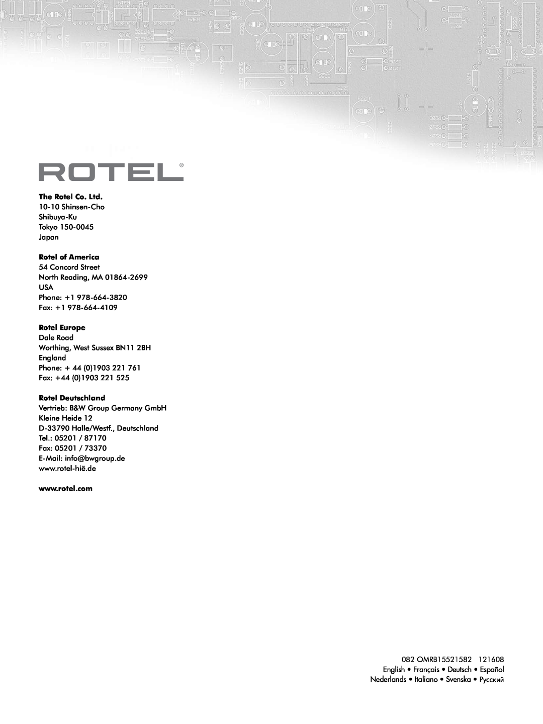 Rotel RB-1552, RB-1582 owner manual Rotel of America, Rotel Europe, Rotel Deutschland 