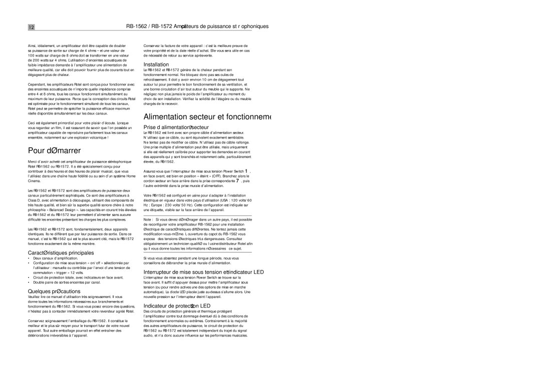 Rotel RB-1572 user service Pour démarrer, Alimentation secteur et fonctionnement 