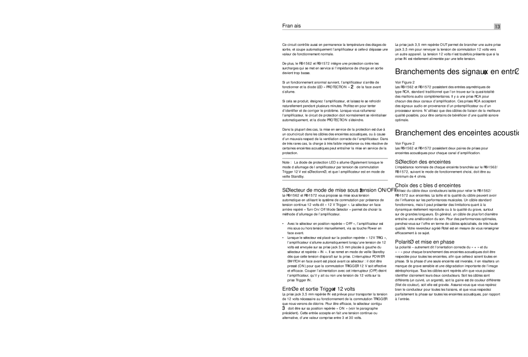 Rotel RB-1572 user service Branchements des signaux en entrée, Sélection des enceintes, Entrée et sortie Trigger 12 volts 