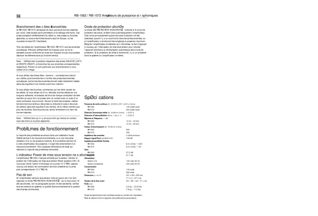 Rotel RB-1572 user service Problèmes de fonctionnement, Spéciﬁcations, Branchement des câbles d’enceintes, Pas de son 