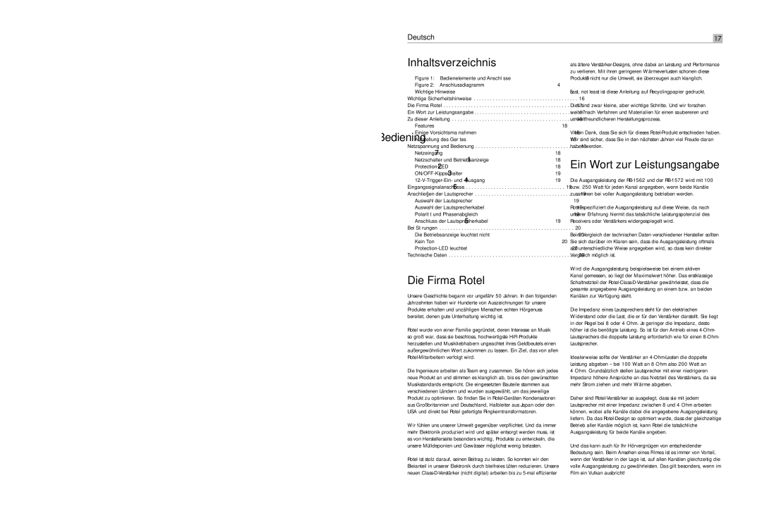 Rotel RB-1572 user service Inhaltsverzeichnis, Ein Wort zur Leistungsangabe, Die Firma Rotel 