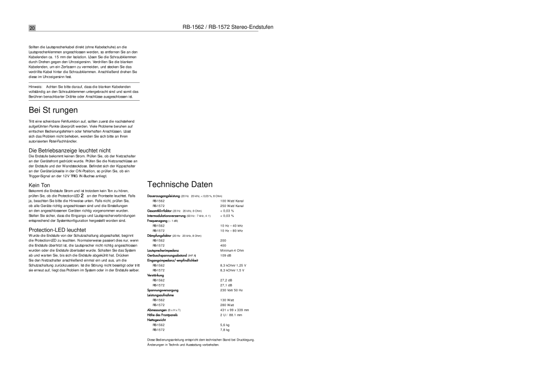 Rotel RB-1572 Bei Störungen, Technische Daten, Die Betriebsanzeige leuchtet nicht, Kein Ton, Protection-LED leuchtet 