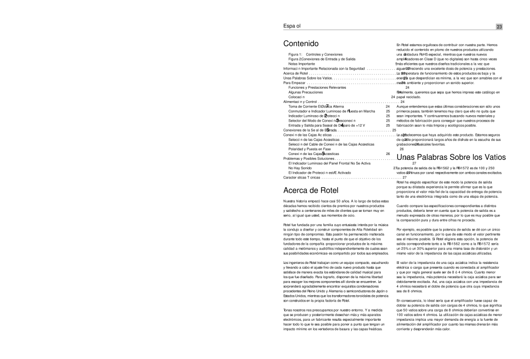 Rotel RB-1572 user service Contenido, Acerca de Rotel 