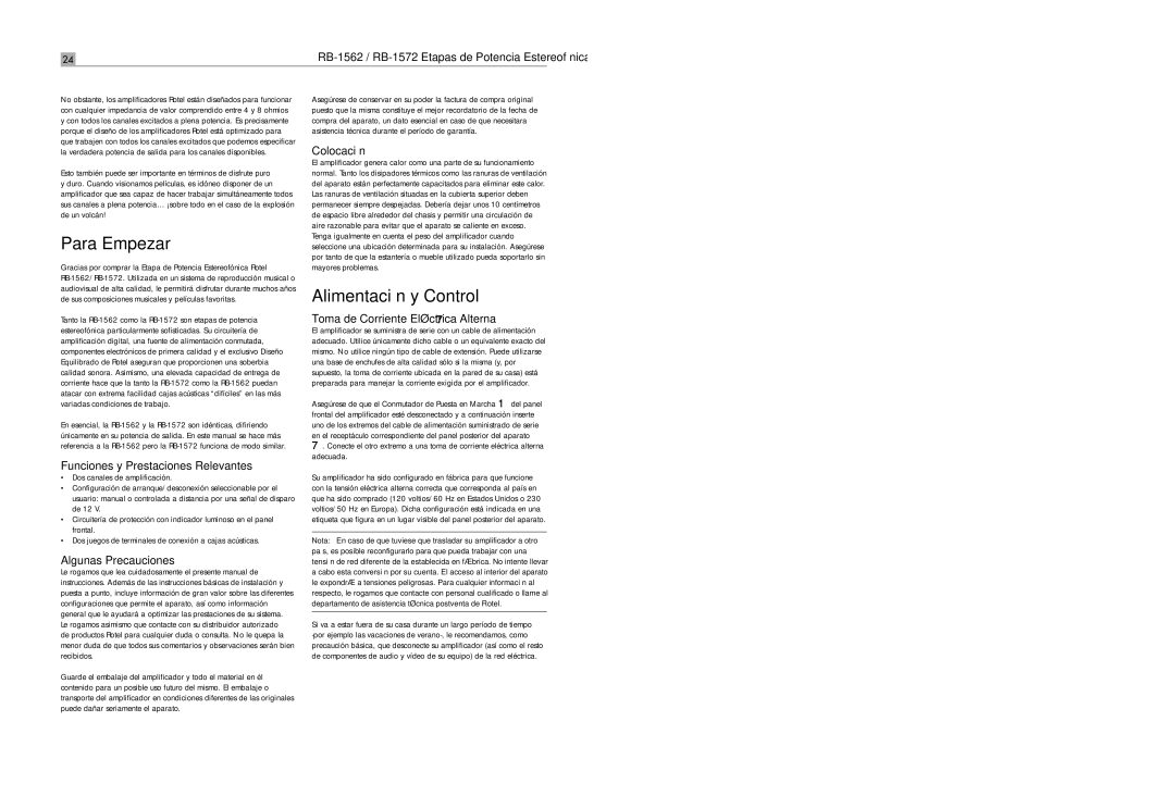 Rotel RB-1572 user service Para Empezar, Alimentación y Control 