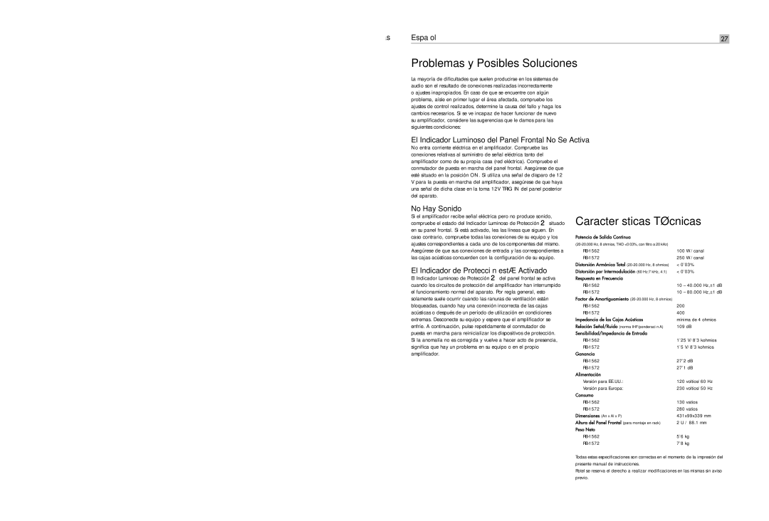 Rotel RB-1572 user service Características Técnicas, No Hay Sonido, El Indicador de Protección está Activado 