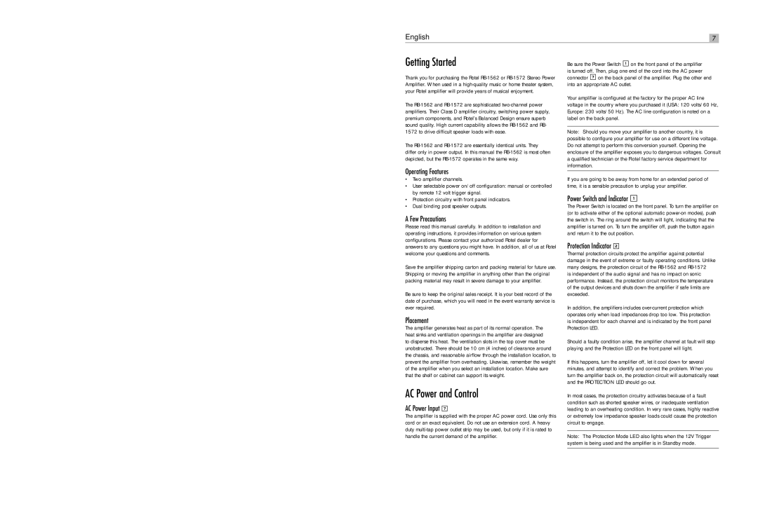 Rotel RB-1572 user service Getting Started, AC Power and Control 