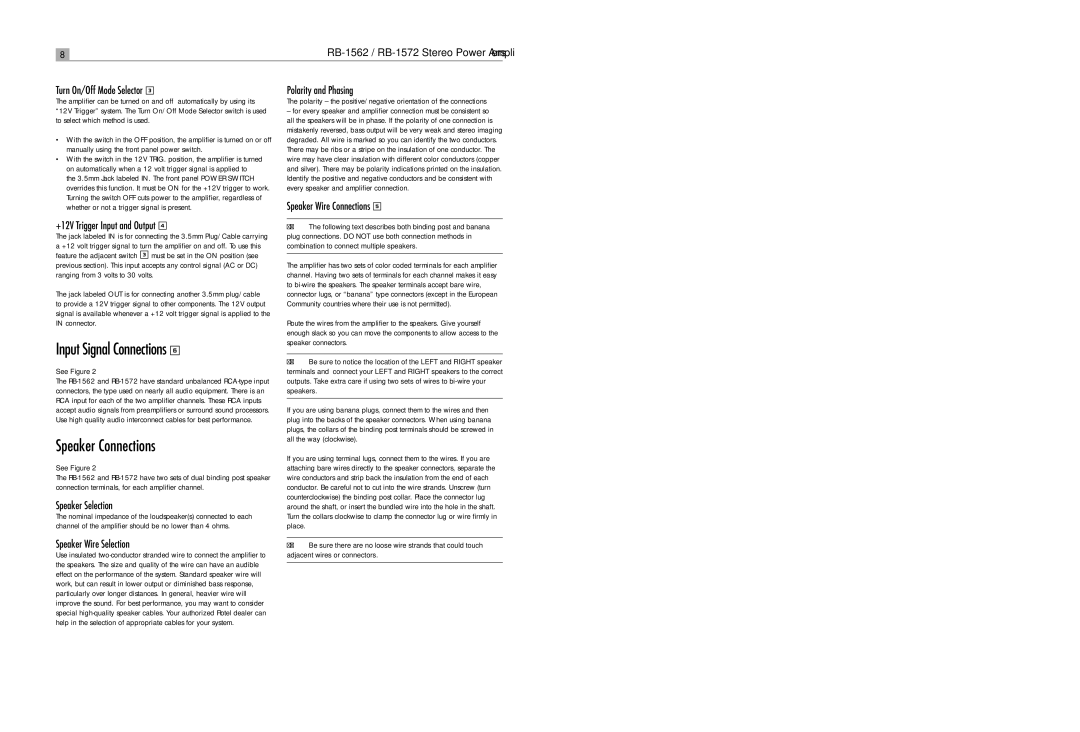 Rotel RB-1572 user service Input Signal Connections, Speaker Connections 