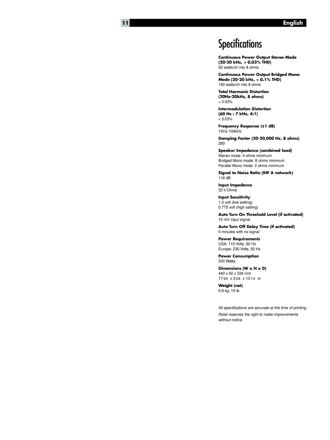 Rotel RB-951 MkII owner manual Specifications, Weight net 6.8 kg, 15 lb 