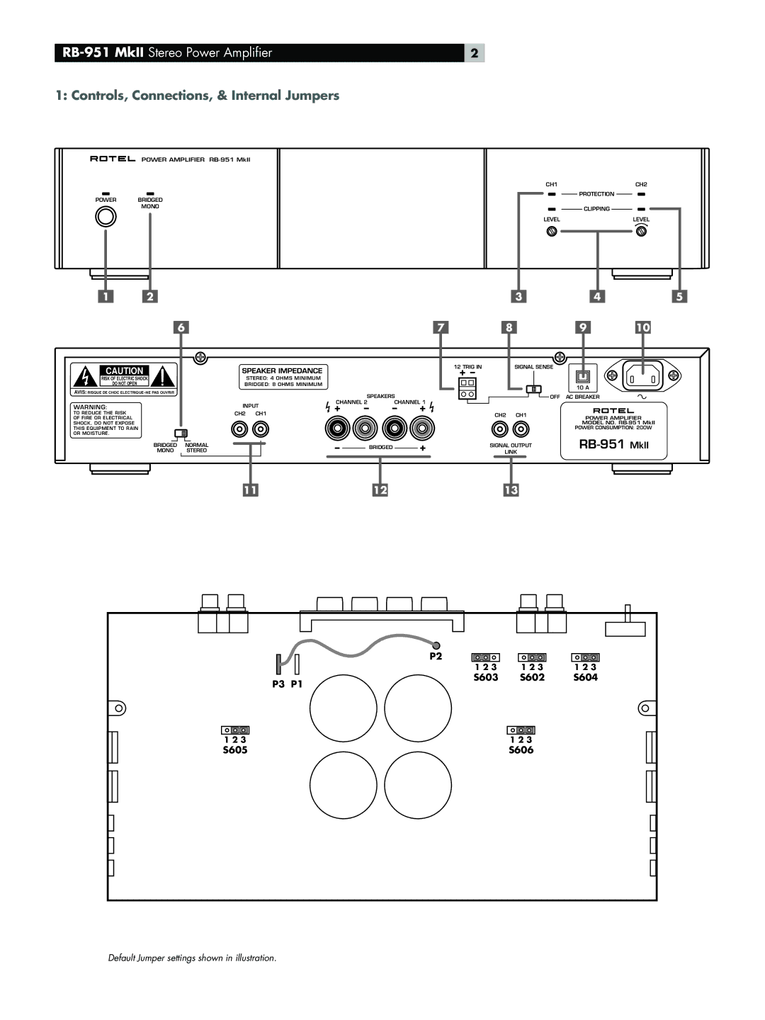 Rotel owner manual RB-951 MkII Stereo Power Amplifier, Controls, Connections, & Internal Jumpers 