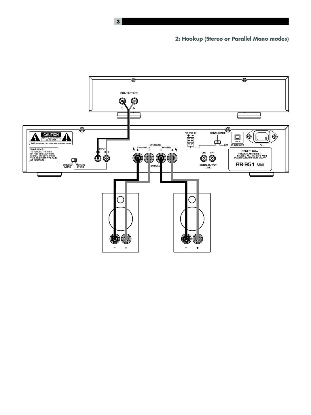 Rotel RB-951 MkII owner manual Hookup Stereo or Parallel Mono modes, RCA Outputs 