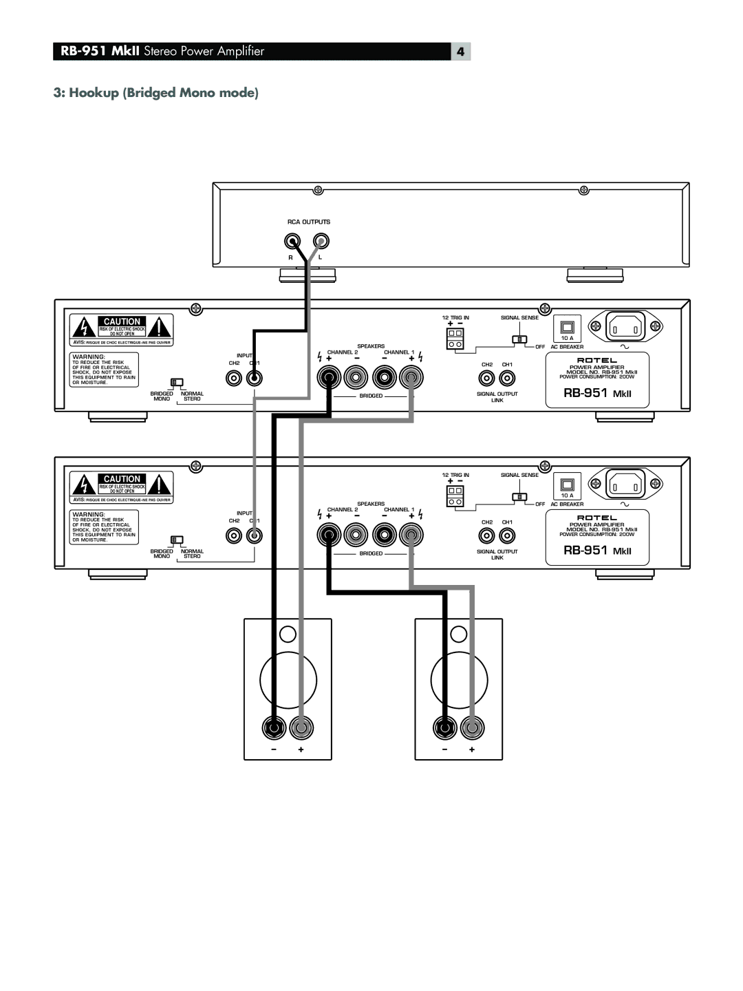 Rotel RB-951 MkII owner manual Hookup Bridged Mono mode 