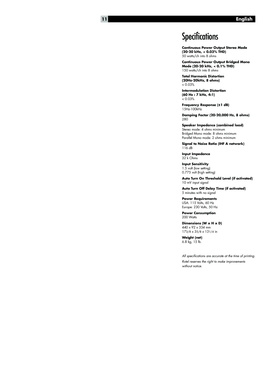 Rotel RB-951MkII owner manual Specifications, Weight net 6.8 kg, 15 lb 