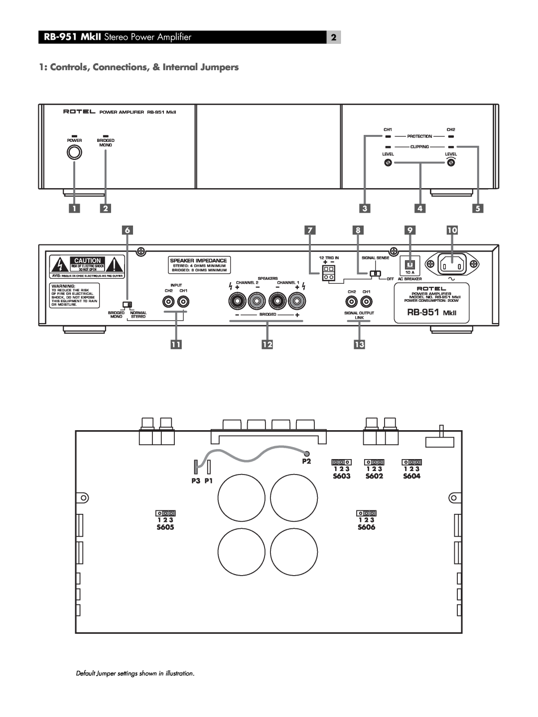 Rotel owner manual RB-951MkII Stereo Power Amplifier, Controls, Connections, & Internal Jumpers, 1112 