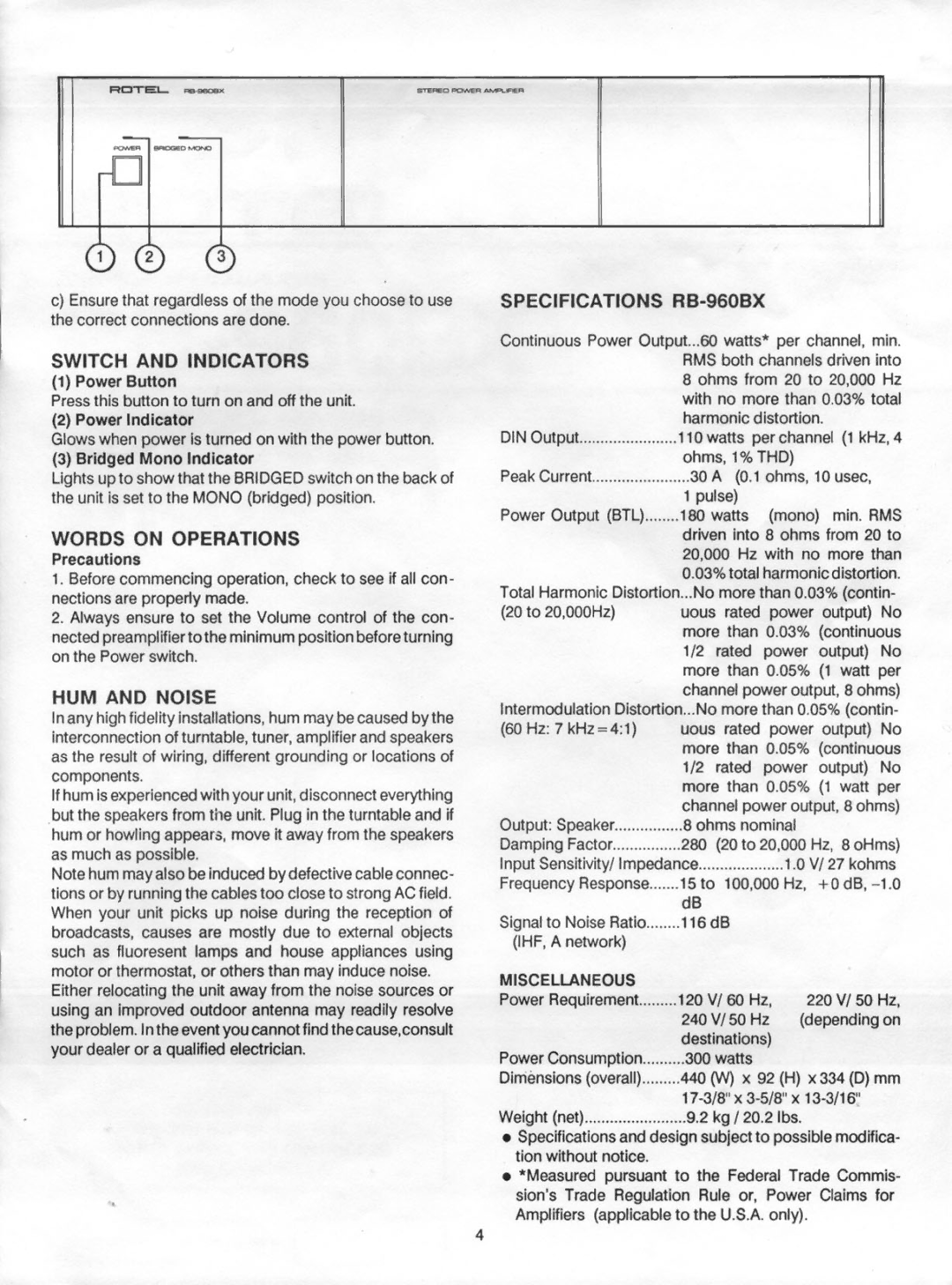 Rotel RB-960BX manual 