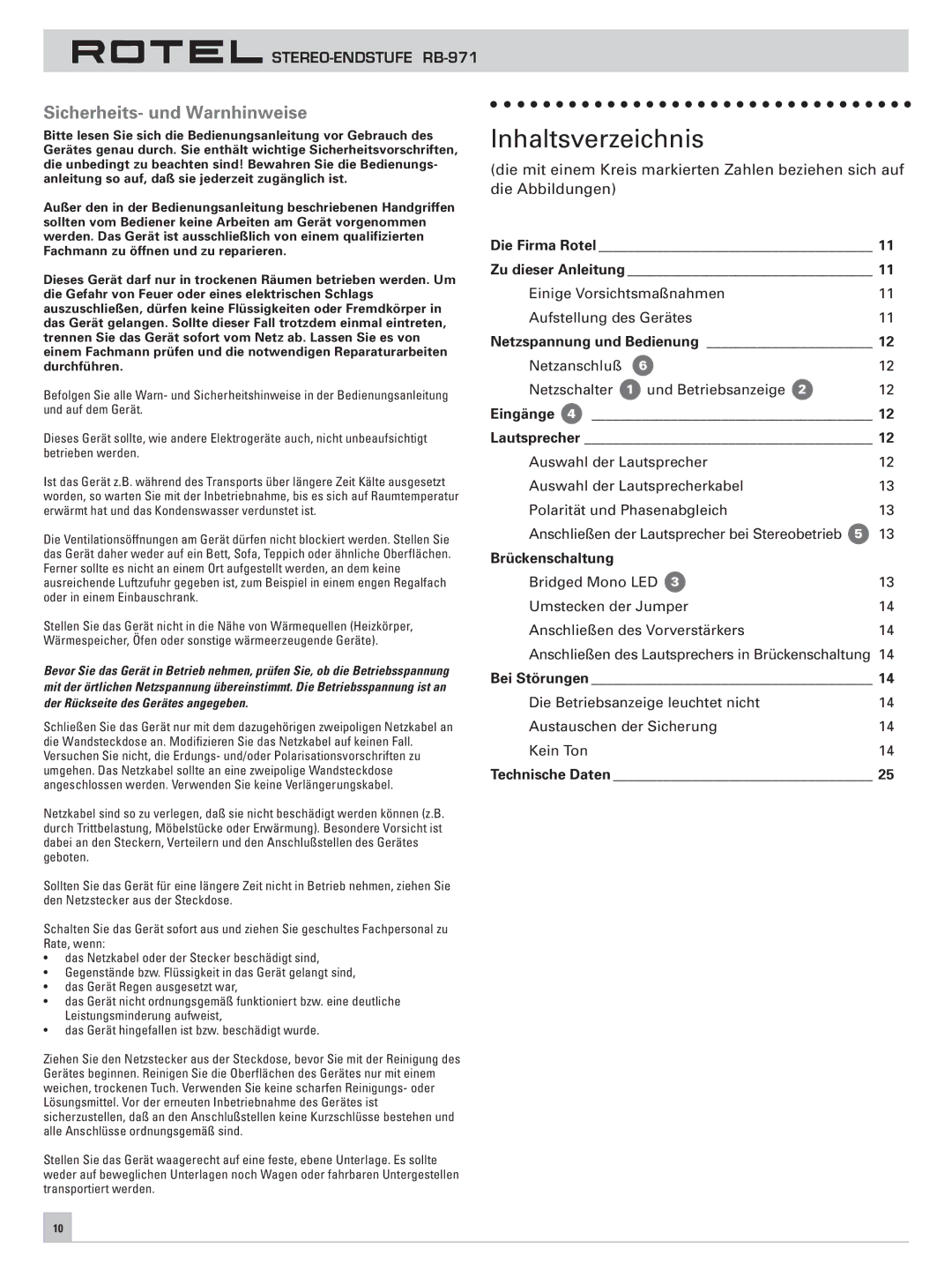 Rotel RB-971 owner manual Inhaltsverzeichnis, Sicherheits- und Warnhinweise 