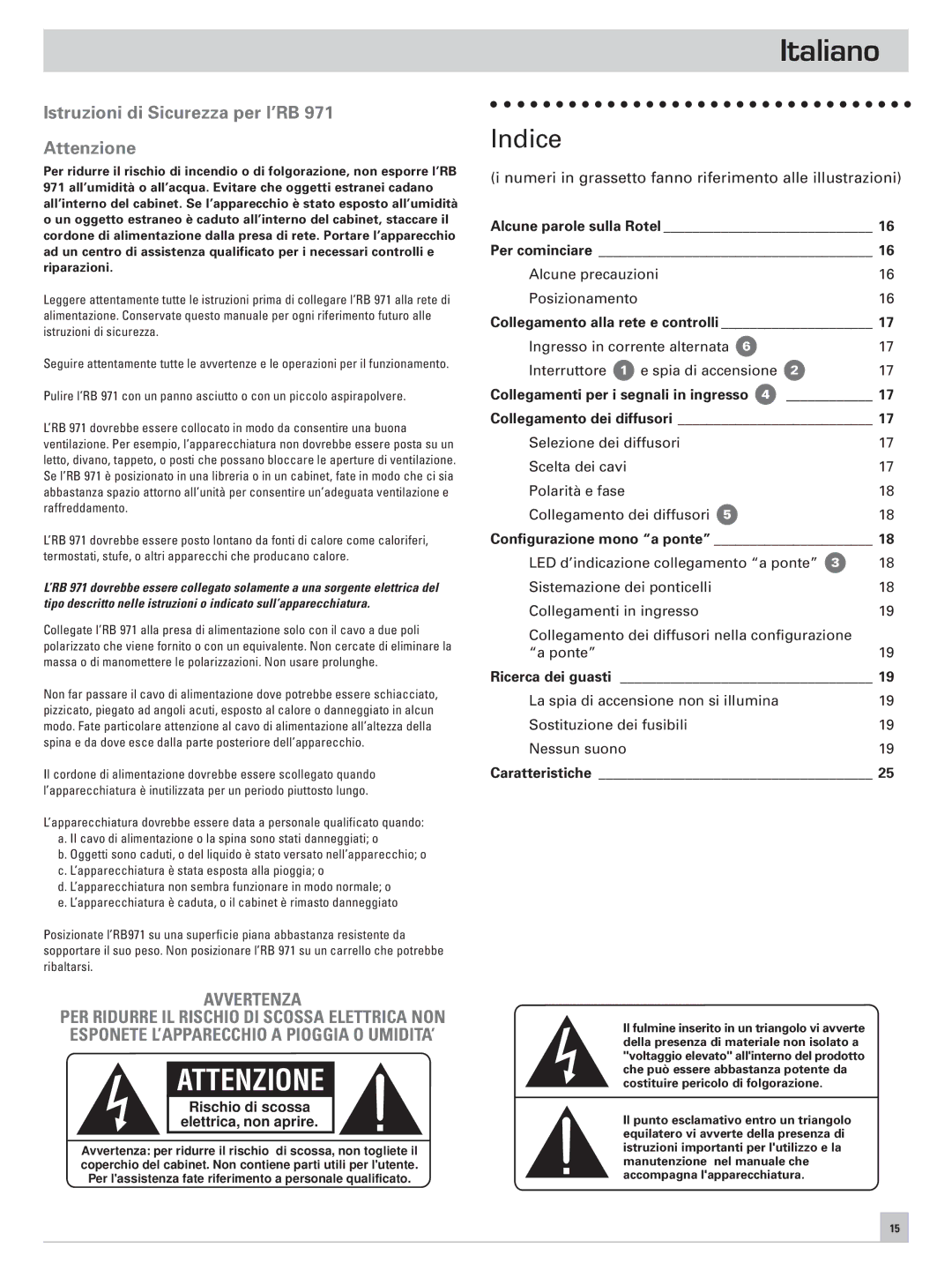 Rotel RB-971 owner manual Italiano, Indice, Istruzioni di Sicurezza per l’RB Attenzione 