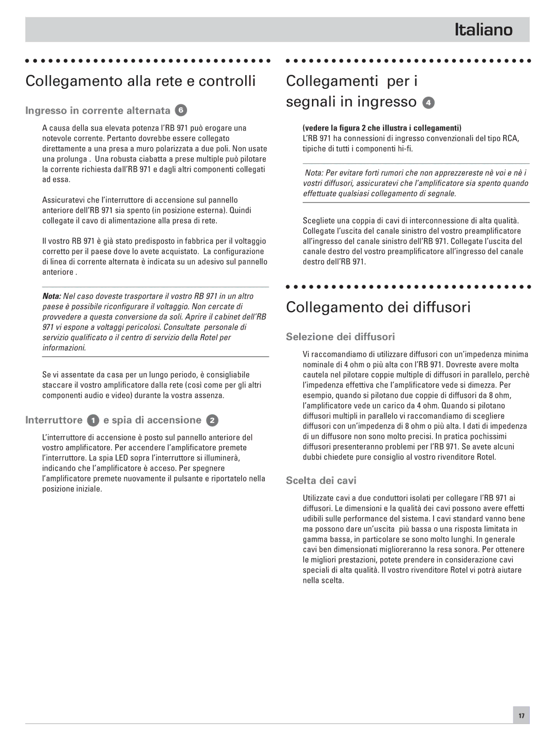 Rotel RB-971 Collegamento alla rete e controlli, Collegamenti per i segnali in ingresso, Collegamento dei diffusori 