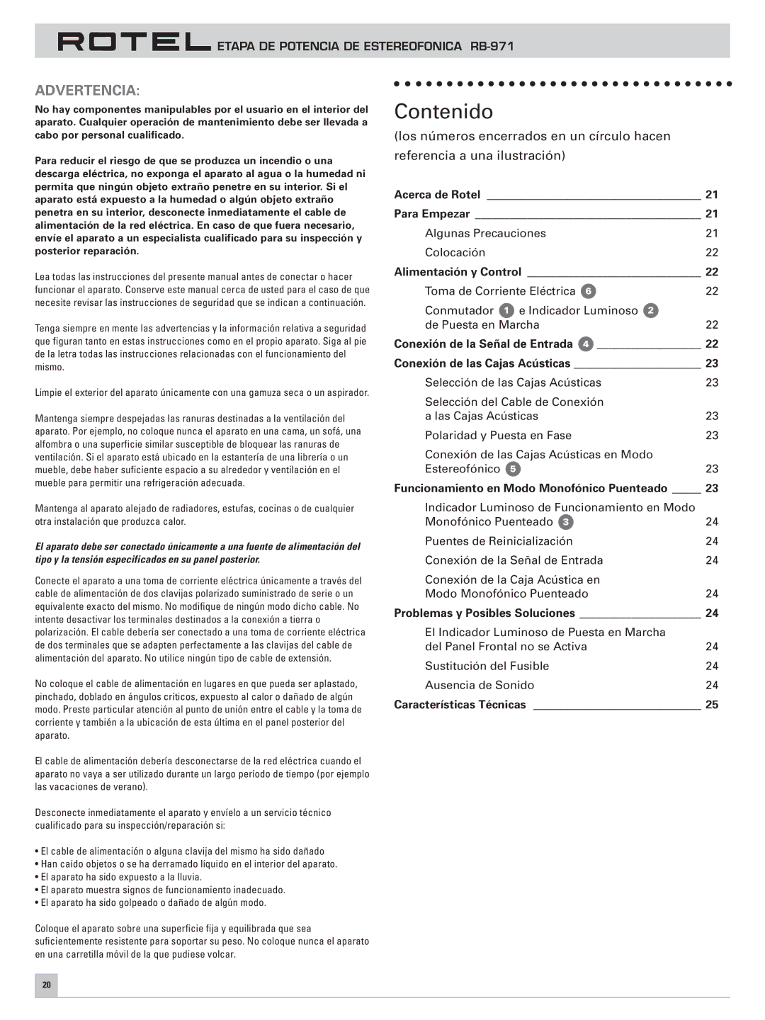 Rotel RB-971 owner manual Contenido 