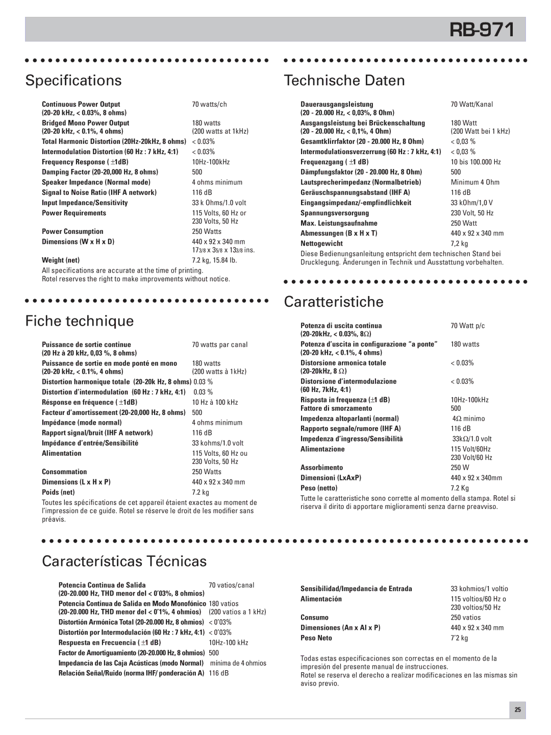 Rotel RB-971 owner manual Specifications, Technische Daten, Fiche technique, Características Técnicas, Caratteristiche 