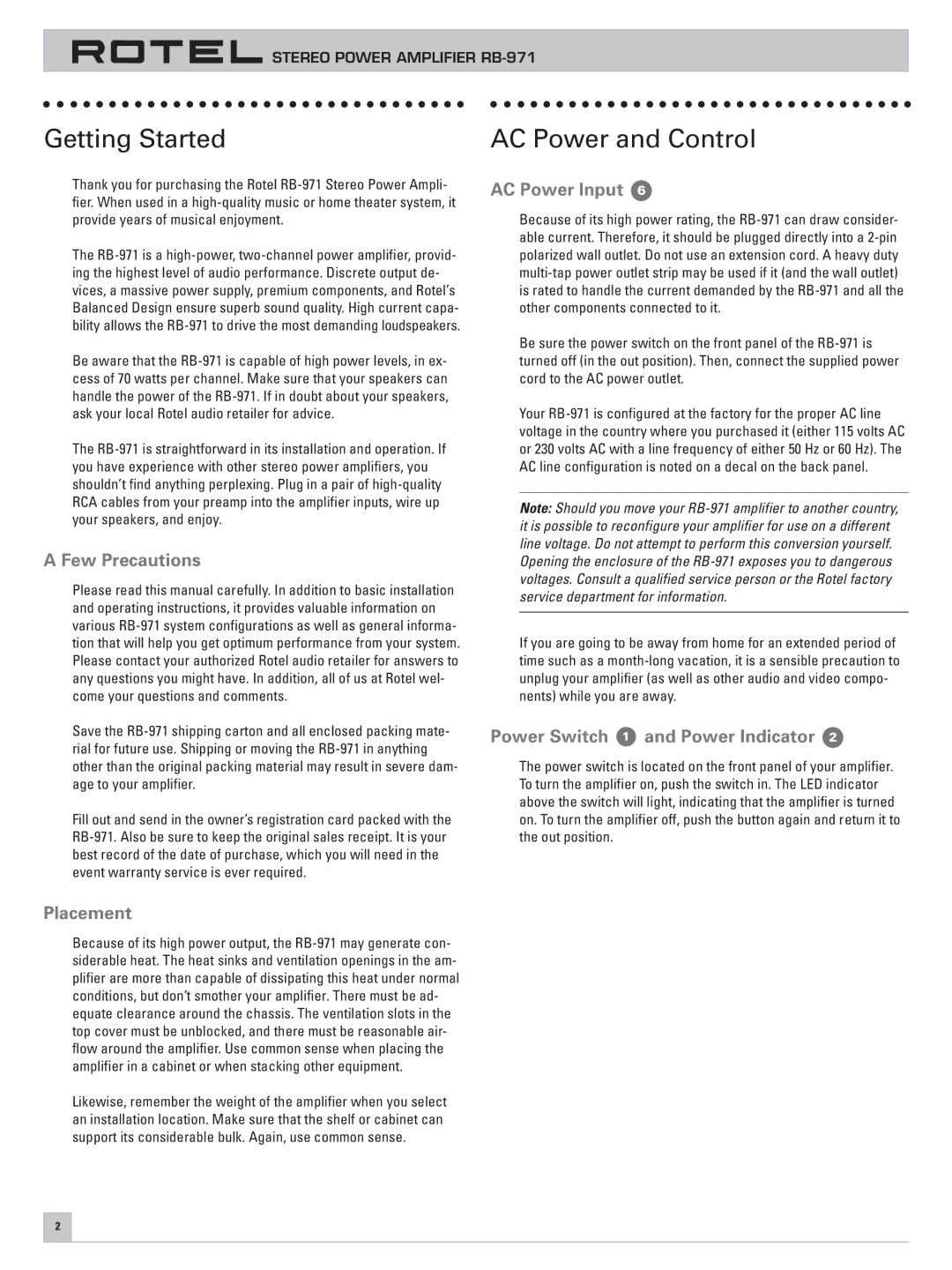 Rotel RB-971 Getting Started AC Power and Control, Few Precautions, AC Power Input, Power Switch 1 and Power Indicator 
