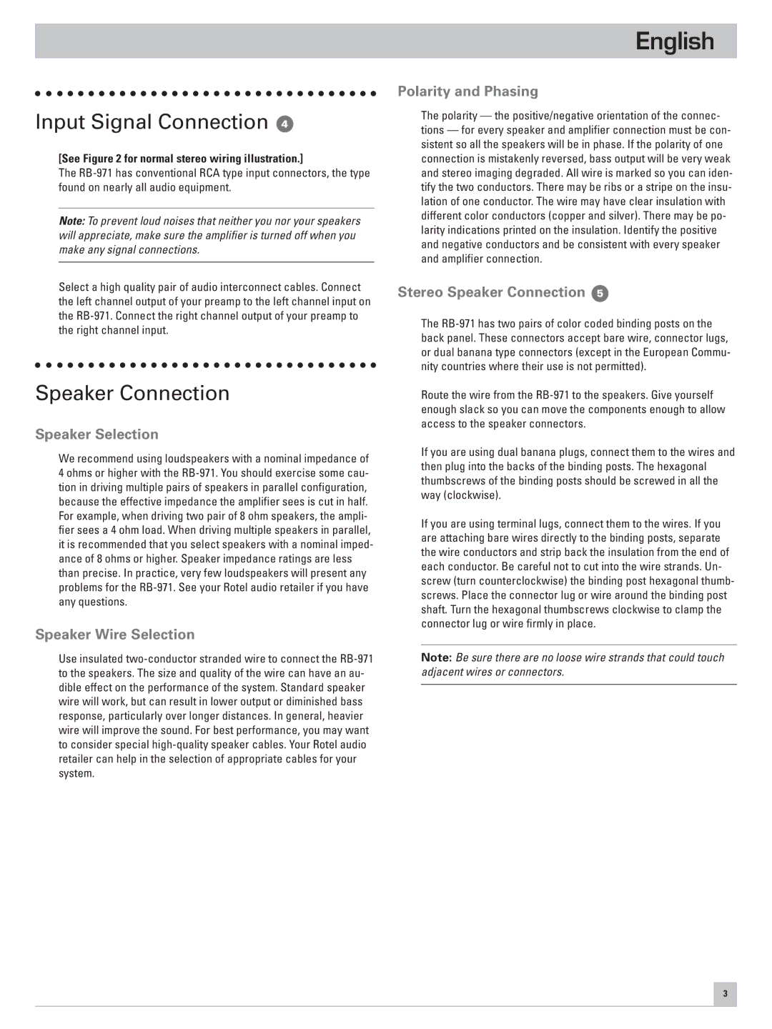 Rotel RB-971 owner manual Input Signal Connection, Speaker Connection 