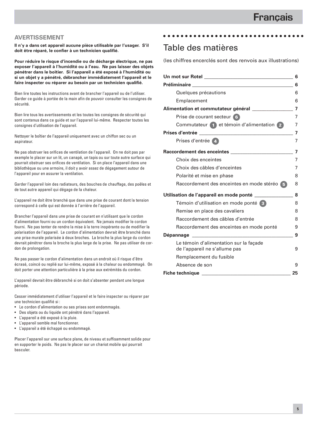 Rotel RB-971 owner manual Français, Table des matières 