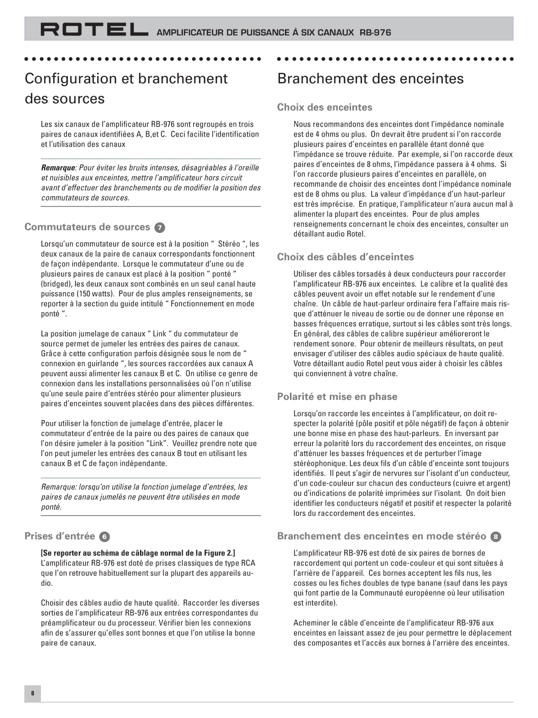 Rotel RB-976 owner manual Configuration et branchement des sources, Branchement des enceintes 