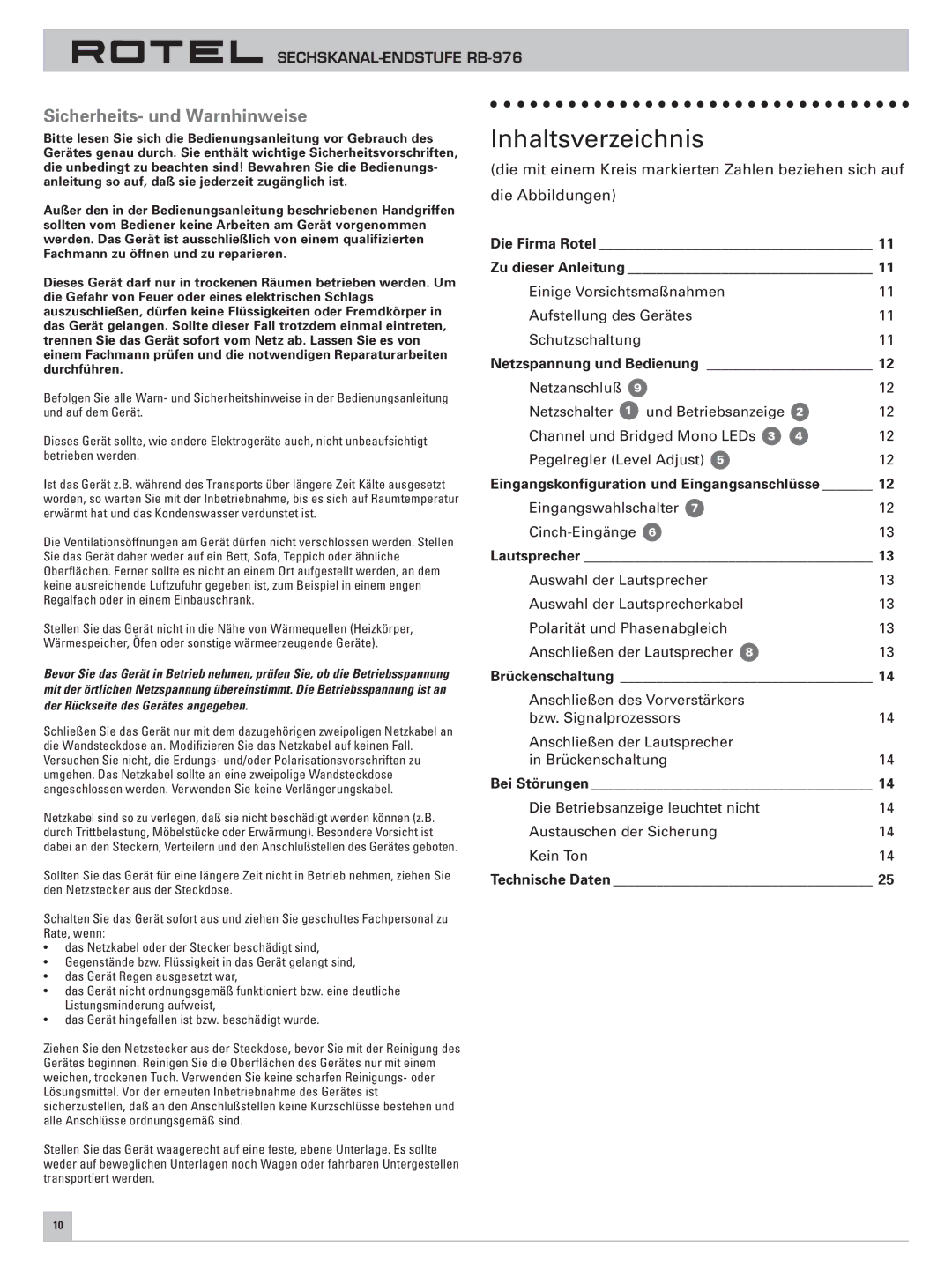 Rotel RB-976 owner manual Inhaltsverzeichnis, Sicherheits- und Warnhinweise 