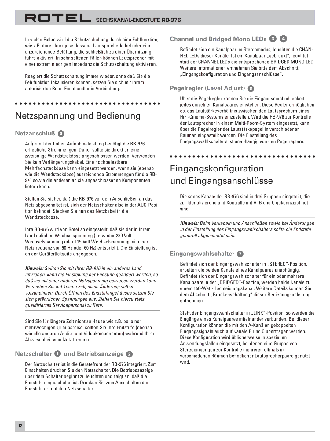 Rotel RB-976 owner manual Netzspannung und Bedienung, Eingangskonfiguration und Eingangsanschlüsse 