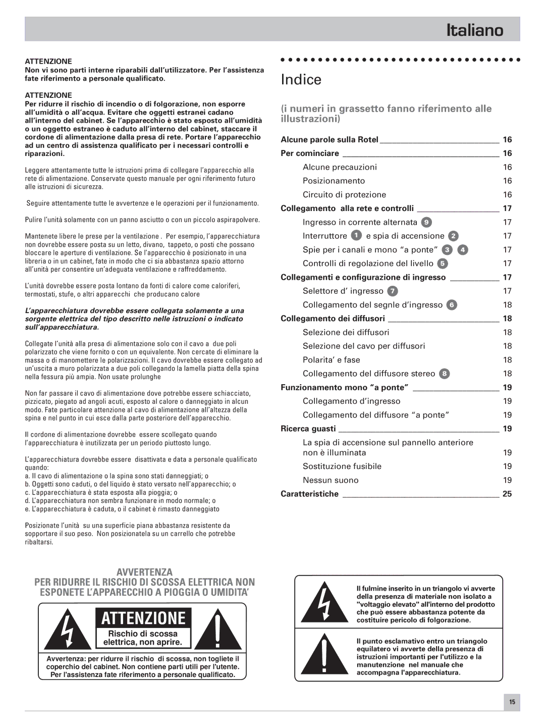 Rotel RB-976 owner manual Italiano, Indice, Numeri in grassetto fanno riferimento alle illustrazioni 