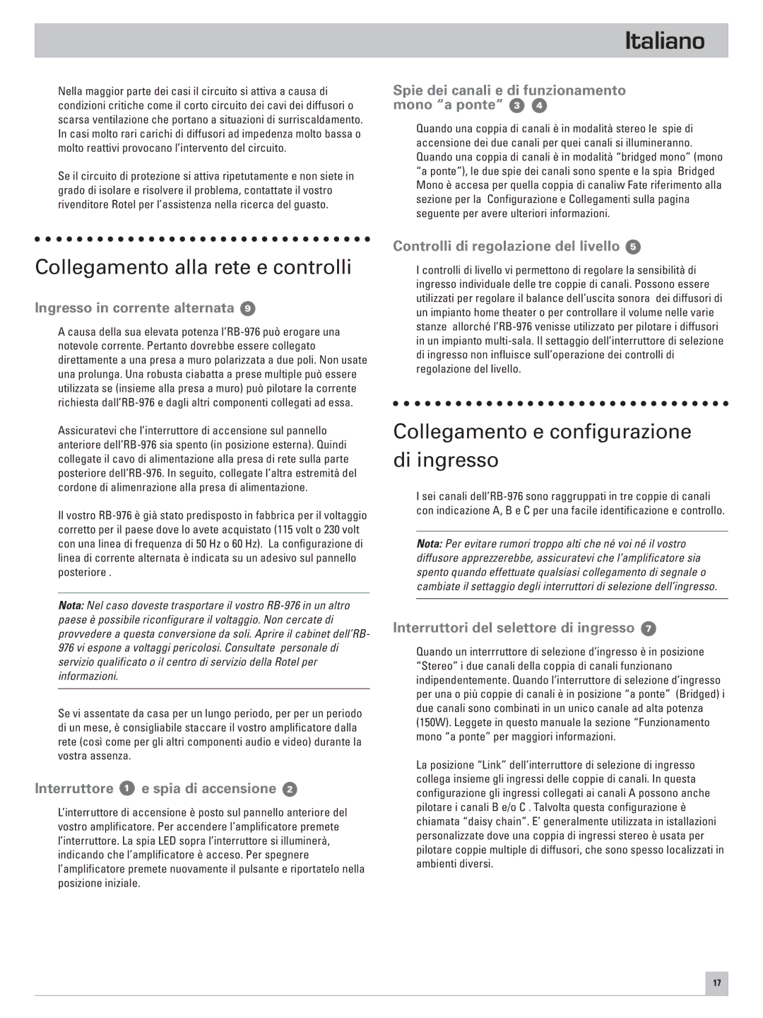 Rotel RB-976 owner manual Collegamento alla rete e controlli, Collegamento e configurazione di ingresso 