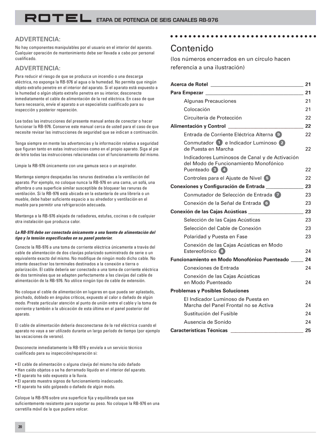 Rotel RB-976 owner manual Contenido 